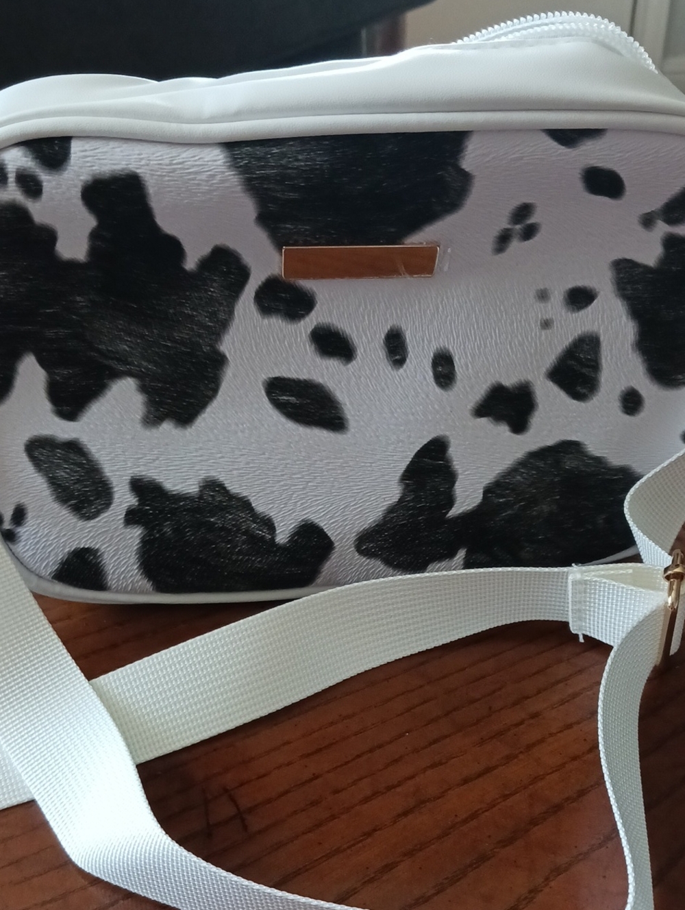 White Cowprint Crossbody Bag with Gold Plate - Women Bags